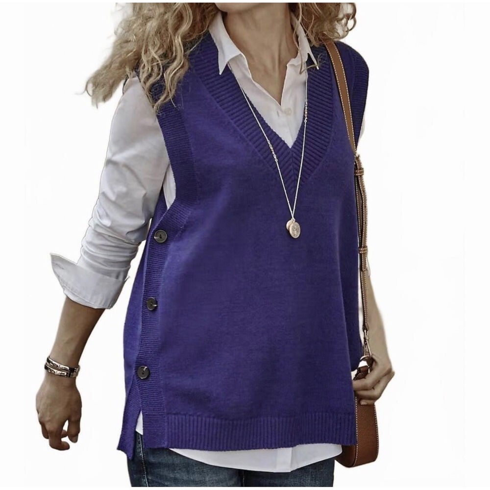 J. Jill Womens Purple/Blue V-Neck‎ Button Side Sweater Vest Cotton Blend XS NWT